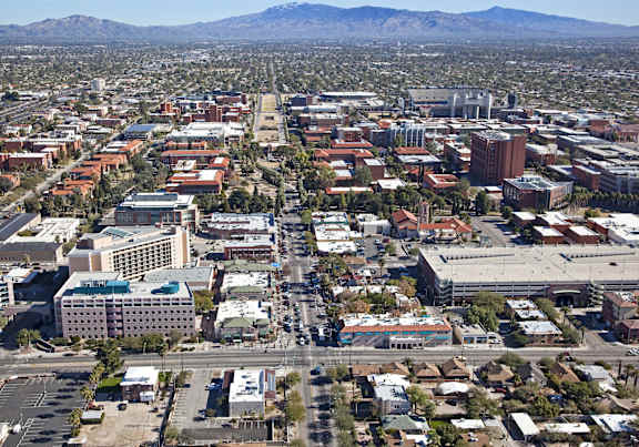 A cityscape with buildings and roads.