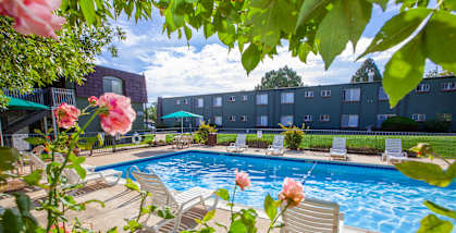 A pool surrounded by chairs and flowers with a building in the background.