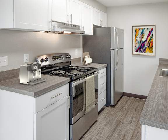 A modern kitchen with a stove, refrigerator, and sink.