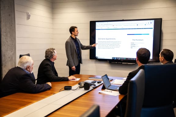 a man giving a presentation to a group of people in a conference room