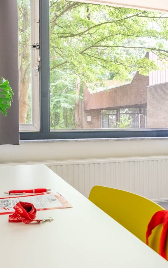 A white table with a red item and a plant on it.