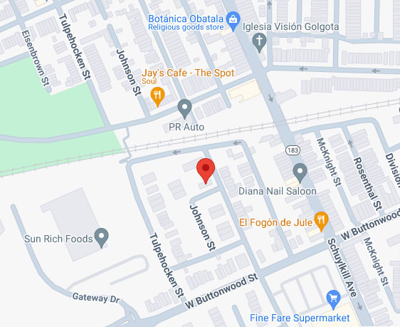 a map of a street with markers on it and a red
