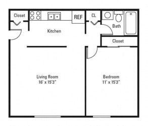 Floor Plan 1 Bedroom, 1 Bath 640 sq. ft.