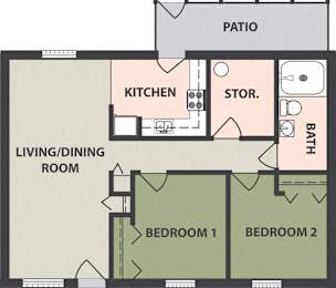  Floor Plan 2-Bedroom, 1-Bath