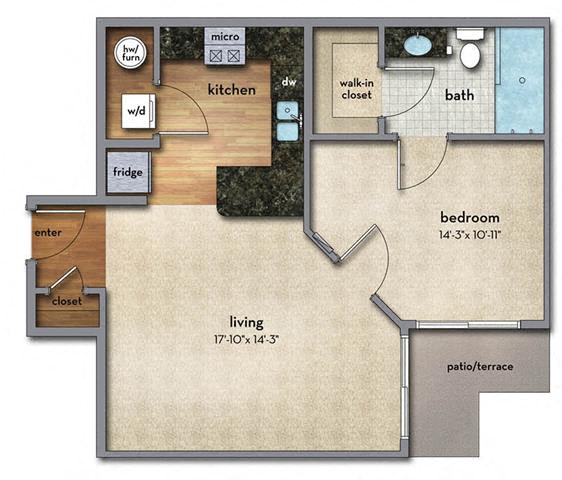 1 bed 1 bath Floor Plan | 690 Sq. Ft. at Strathmoor Apartments , Dublin, Ohio