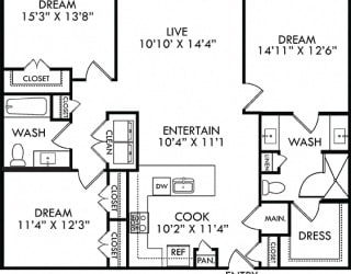 The Vanworth. 3 bedroom apartment. Kitchen with bartop open to living/dinning room. 2 full bathrooms, double vanity & shower stall in master. Walk-in closets. Patio.