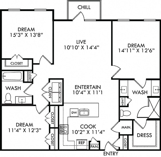 The Vanworth. 3 bedroom apartment. Kitchen with bartop open to living/dinning room. 2 full bathrooms, double vanity & shower stall in master. Walk-in closets. Patio.