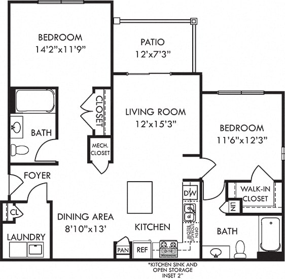 The Osprey. 2 bedroom apartment. Kitchen with island open to living/dinning rooms. 2 full bathroom. Walk-in closets. Patio/balcony.