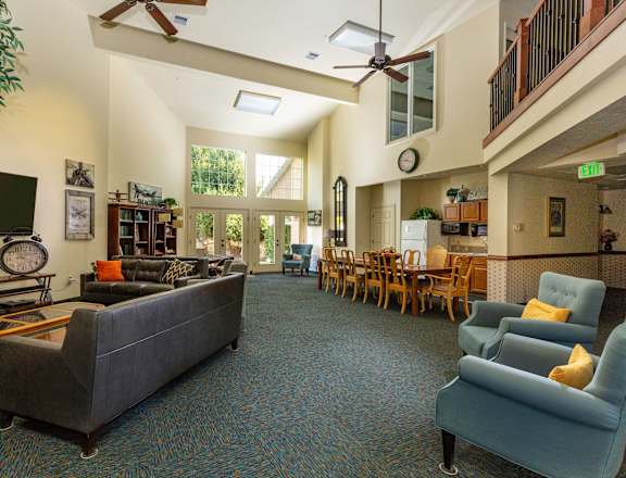 a living room with couches and chairs and a tv
