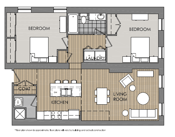 2 Bedroom 1 Bath 2D Floorplan-Mercer Commons Apartments Cincinnati, OH