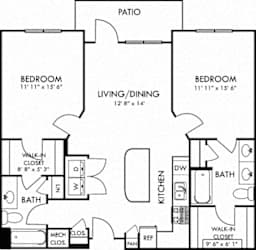 Umstead. 2 bedroom apartment. Kitchen with island open to living/dinning room. 2 full bathrooms, double vanity in master. Walk-in closets. Patio/balcony.