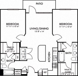 Umstead. 2 bedroom apartment. Kitchen with island open to living/dinning room. 2 full bathrooms, double vanity in master. Walk-in closets. Patio/balcony.
