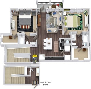 The Joplin 3D. 2 bedroom apartment. 1st floor entry. Kitchen with island open to living room. 2 full bathroom. Walk-in closets. Patio/balcony.