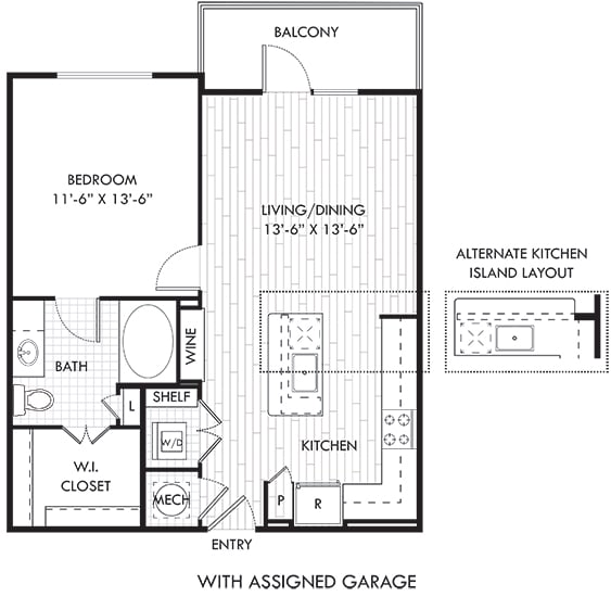 1 BD 1 BA apartment with assigned garge Kitchen and Kitchen island, alternate peninsula island layout available. Wine Rack. Pantry. Open to living-dining. in-unit laundry. walk-in closet. Balcony.