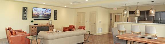 A living room with a couch, chairs, and a television at Arbours at Tumblin Creek ~ Active 55+ Adult Community, Gainesville