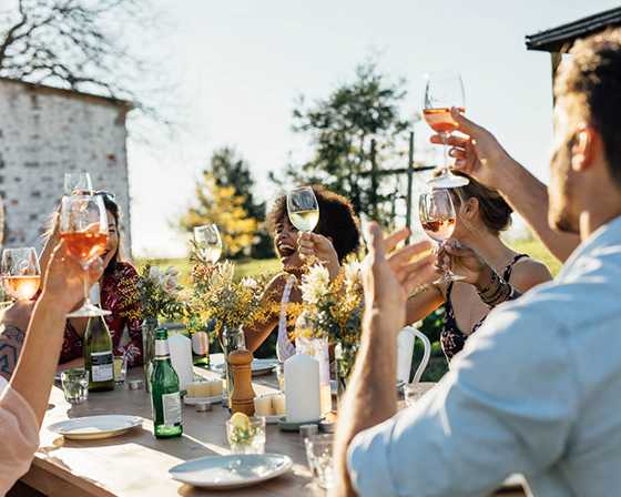 A group of people toasting with glasses of wine at an outdoor table.