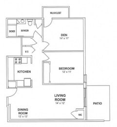 Floor Plan  B1 & B2 - 1 Bedroom, 1 Bath with Den