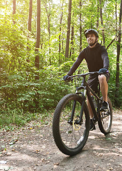 A man is riding a bicycle on a forest trail.