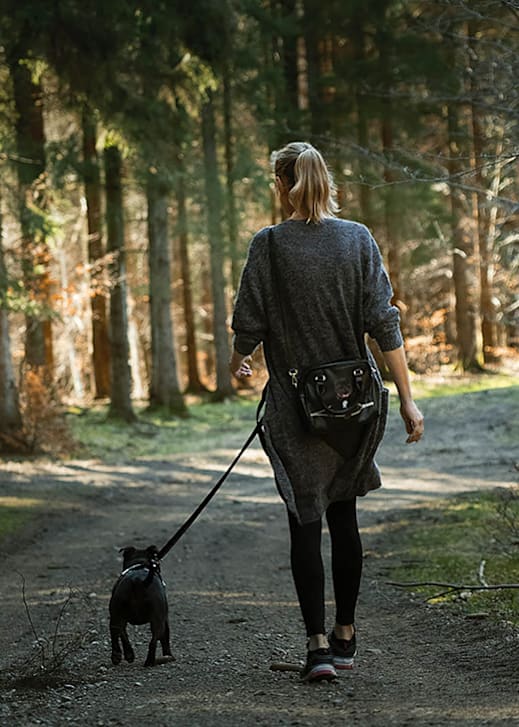 A woman walking her dog in the woods.