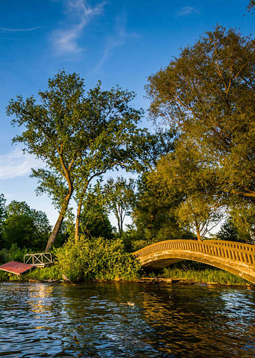 A bridge over a river with trees in the background.