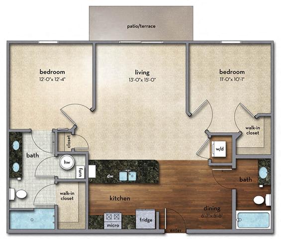 Floor Plan  2 bed 2 bath Floor Plan | 1,039 Sq. Ft. at Strathmoor Apartments , Dublin, Ohio