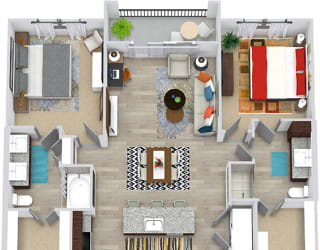 3D McDonald 2 Bedroom with entry closet, Kitchen with island and pantry cabinet, open to dining-living area, 1 bath with shower, 1 bath with double sink and tub. walk-in closets. washer/dryer. balcony