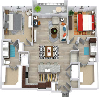 3D McDonald 2 Bedroom with entry closet, Kitchen with island and pantry cabinet, open to dining-living area, 1 bath with shower, 1 bath with double sink and tub. walk-in closets. washer/dryer. balcony