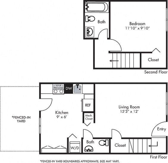 camelia 1 bedroom townhome with fenced-in yard. Eat-in kitchen, living, and half bath on first floor. bedroom and full bath on second floor.