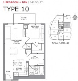 One bedroom plus den, one bathroom apartment layout at Cityview Apartments in Brampton, ON