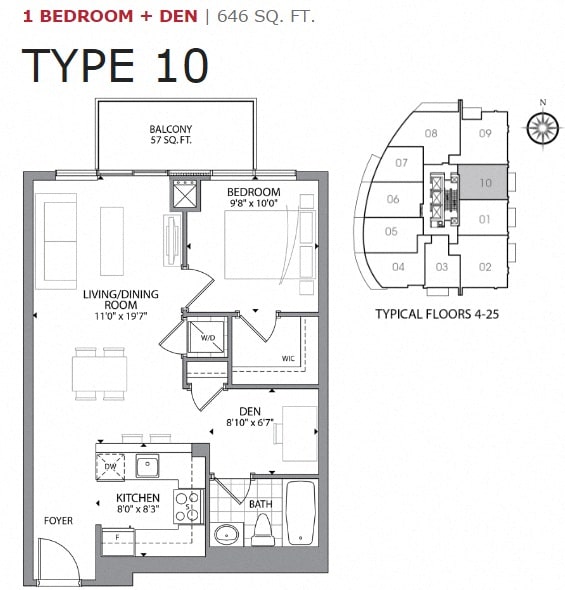 One bedroom plus den, one bathroom apartment layout at Cityview Apartments in Brampton, ON