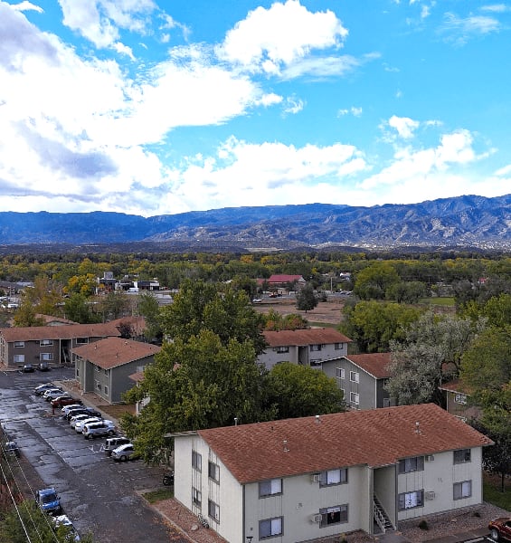 an aerial view of a neighborhood with houses and mountains in the background