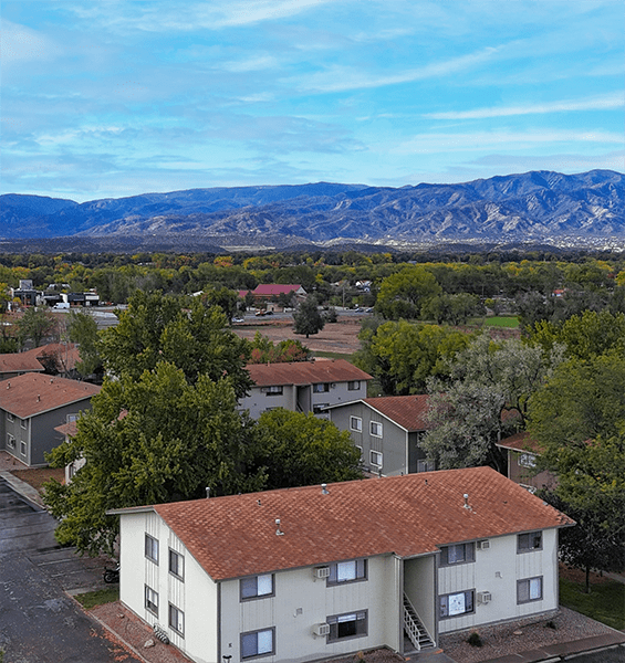 A view of a residential area with houses and trees.