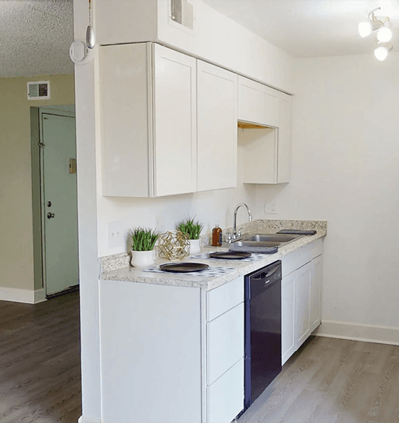 A kitchen with white cabinets and a black dishwasher.