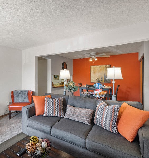 a living room with a gray couch and orange walls