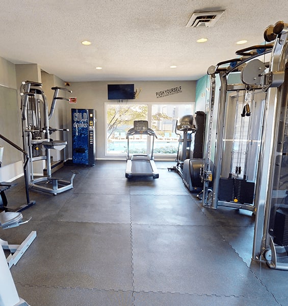 A gym with a variety of equipment including treadmills, elliptical machines, and weight machines.