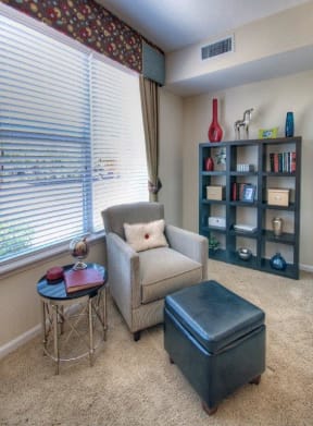 Vue Park West apartment reading corner with oversized window and wall to wall carpet