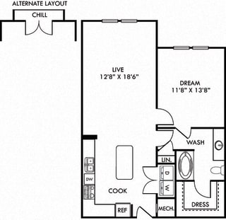 The Threadgille. 1 bedroom apartment. Kitchen with island open to living room. 1 full bathroom. Walk-in closet. Optional Patio/balcony.