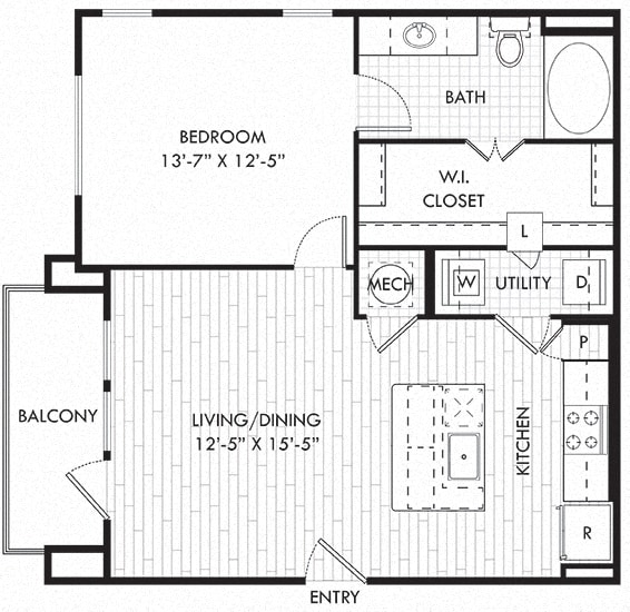 The Bryant. 1 bedroom apartment. Kitchen with bartop open to living/dinning room. 1 full bathroom. Walk-in closet. Patio/balcony.