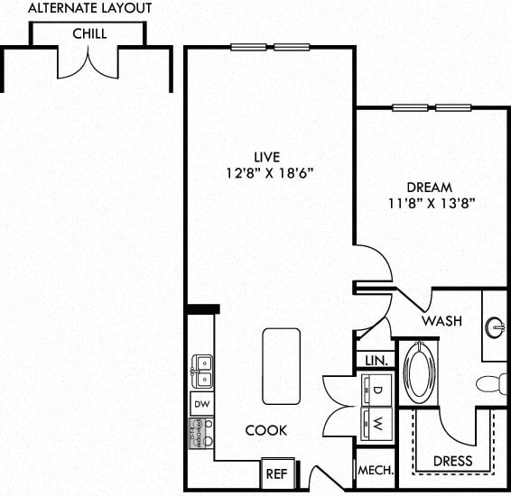 The Threadgille. 1 bedroom apartment. Kitchen with island open to living room. 1 full bathroom. Walk-in closet. Optional Patio/balcony.