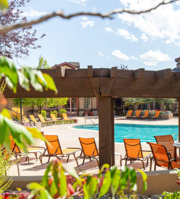 sparkling blue pool with lounge chairs at Echo Ridge Apartments in Castle Rock, CO