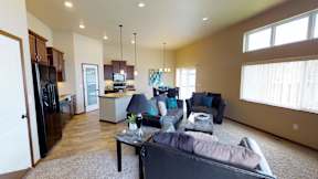 kitchen, island, cabinets, pantry, living area