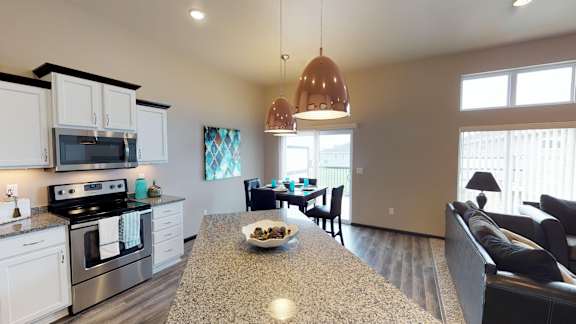 copper light fixtures, kitchen isalnd