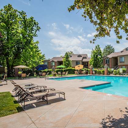 A large swimming pool surrounded by lounge chairs and umbrellas.