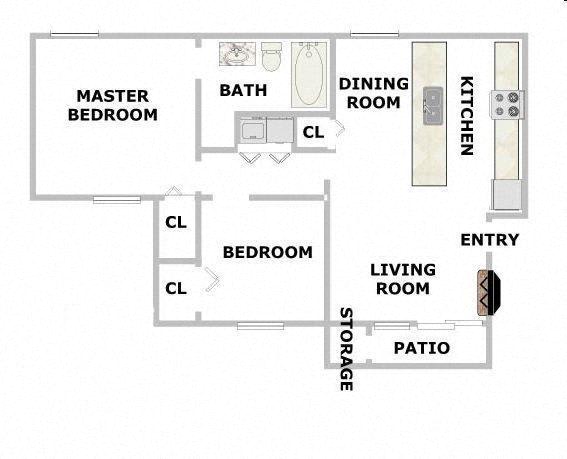 Floor Plan  874 Square-Foot 2 Bedroom 1 Bath Rosewood Floorplan at Pleasant Creek Apartments, Lancaster, TX