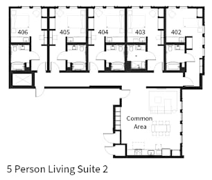Floor Plan  A floor plan of a 5 person living suite is shown.