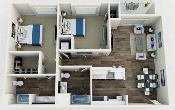 A top-down view of a small apartment with two beds, a couch, a table, and a kitchen area.
