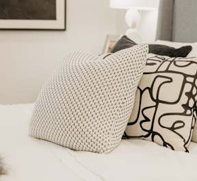 Two decorative pillows on a bed.