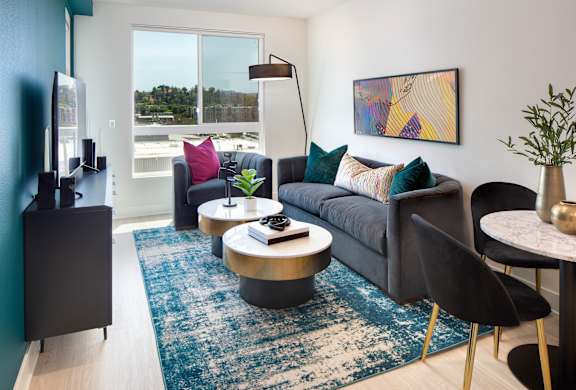 A living room with a grey couch, a coffee table, and a TV.