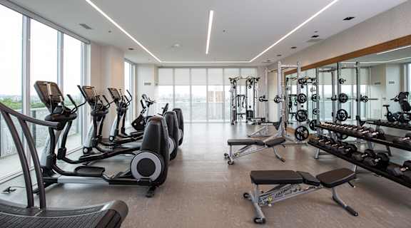 A spacious gym with treadmills, weight machines, and a bench.