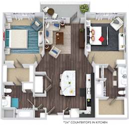 Weston 3D. 2 bedroom apartment. Kitchen with island open to living/dinning room. 2 full bathrooms, double vanity in master. Walk-in closets. Patio/balcony.